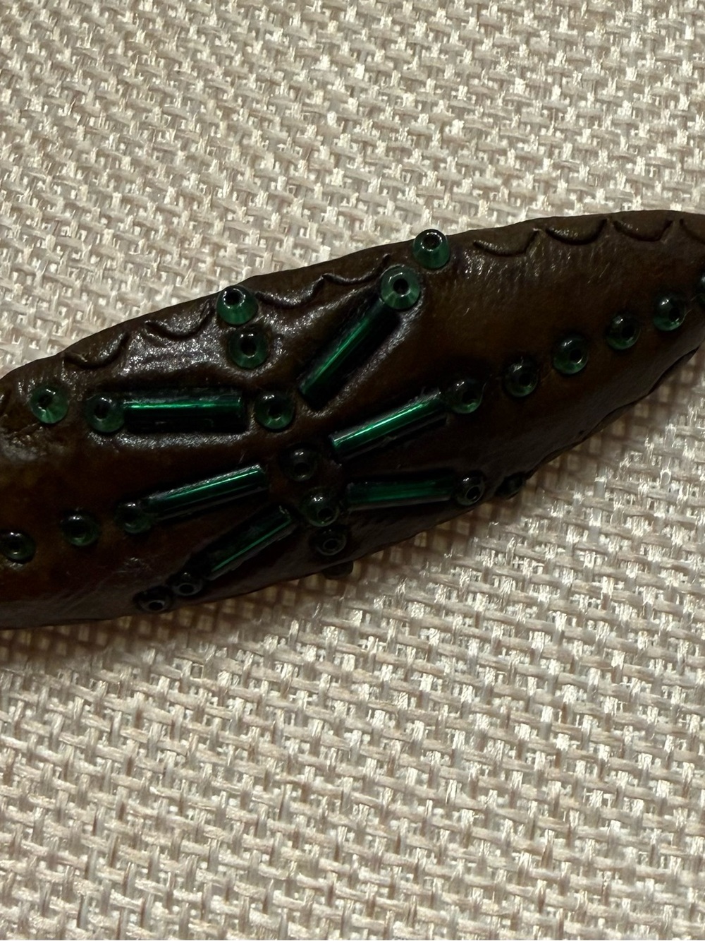 Vintage Brown Celluloid Hair Barrette 2.5” Green Glass Beaded Art Deco